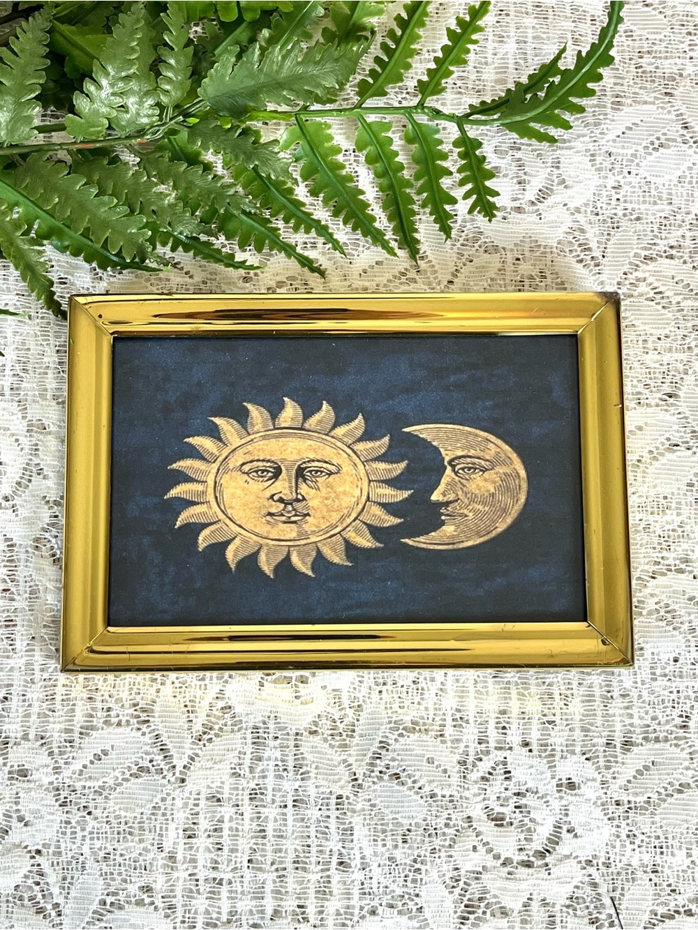 Vintage Solid Brass Framed Sun & Moon Celestial Decor 4x6